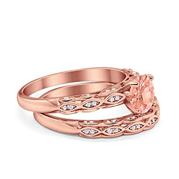 Two Piece Engagement Bridal Ring Rose Tone, Simulated Morganite CZ 925 Sterling Silver